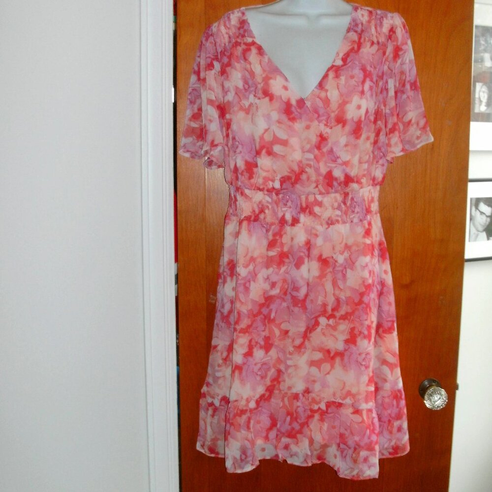 NWT Pink Floral Print Flutter Sleeve Surplice Smocked Waist Faux Wrap Dress ~ L